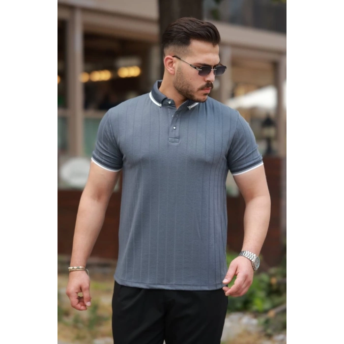 Erkek Düğme Yakalı Jakar Kumaş Kısa Kollu Tişört