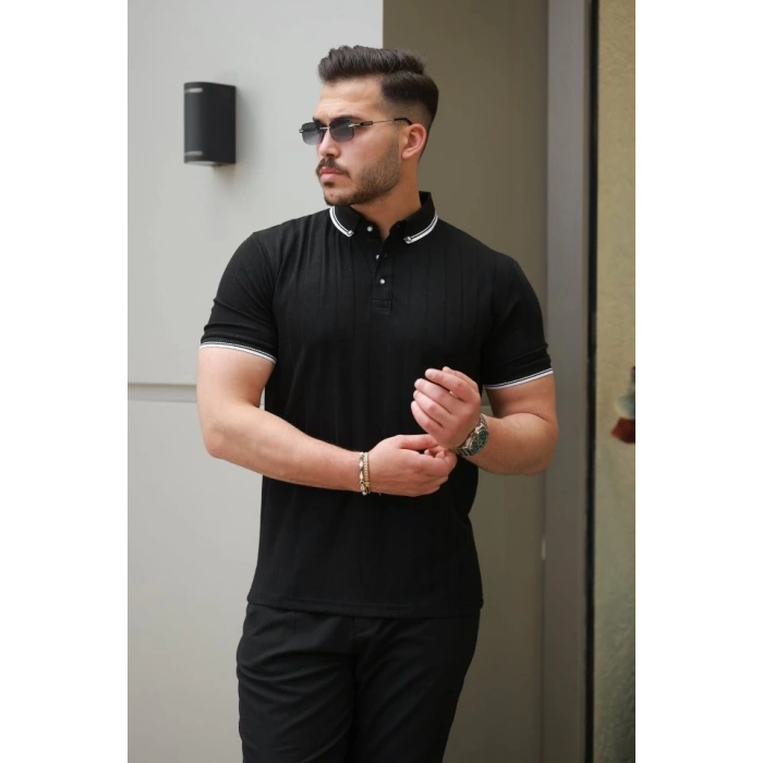 Erkek Düğme Yakalı Jakar Kumaş Kısa Kollu Tişört