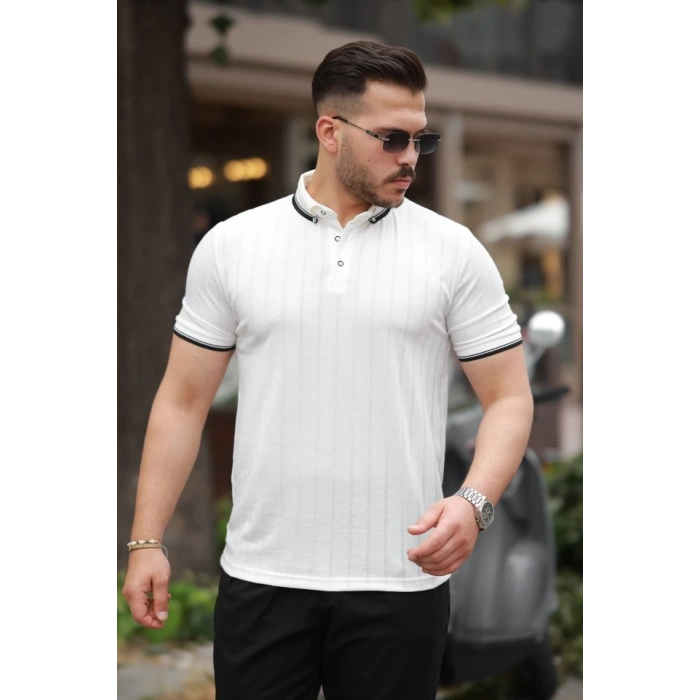 Erkek Düğme Yakalı Jakar Kumaş Kısa Kollu Tişört