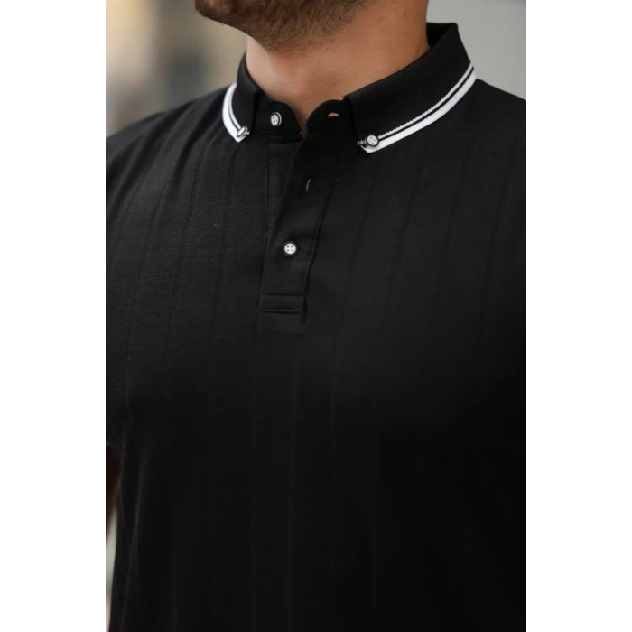 Erkek Düğme Yakalı Jakar Kumaş Kısa Kollu Tişört