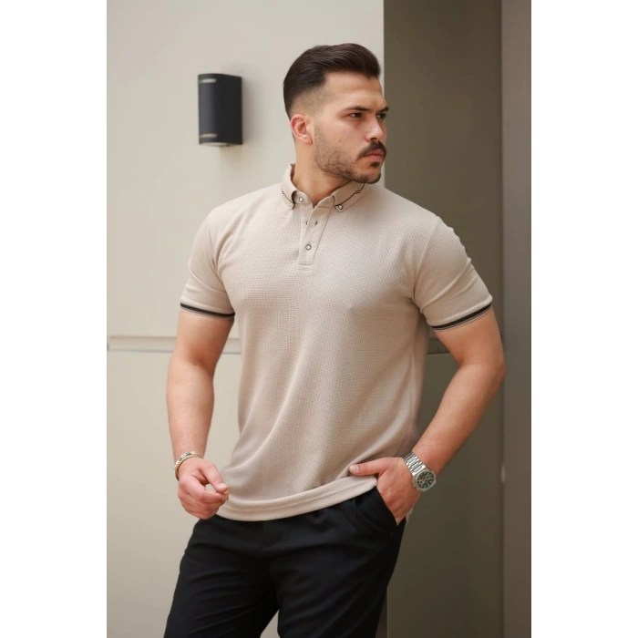 Erkek Düğmeli Yaka Waffle Kumaş Kısa Kollu Tişört