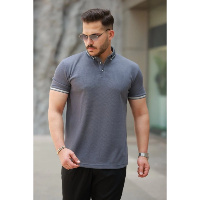 Erkek Düğmeli Yaka Waffle Kumaş Kısa Kollu Tişört
