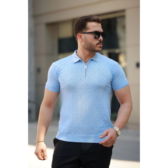 Erkek Fermuar Yakalı Baklava Desen Kısa Kollu Gömlek