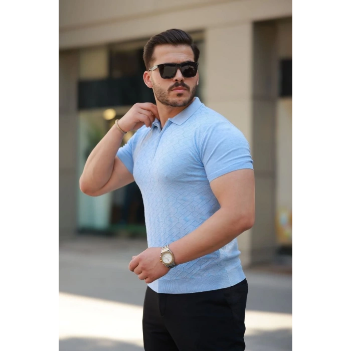 Erkek Fermuar Yakalı Baklava Desen Kısa Kollu Gömlek