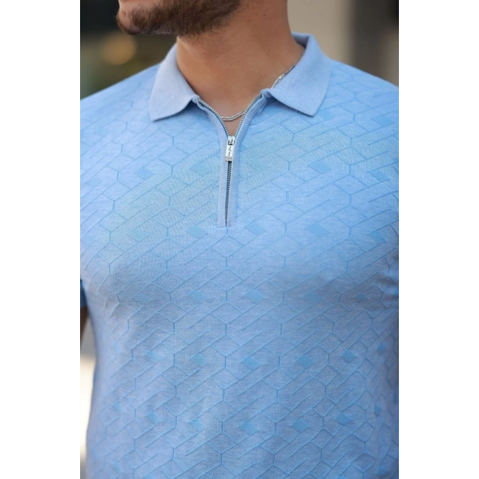 Erkek Fermuar Yakalı Baklava Desen Kısa Kollu Gömlek