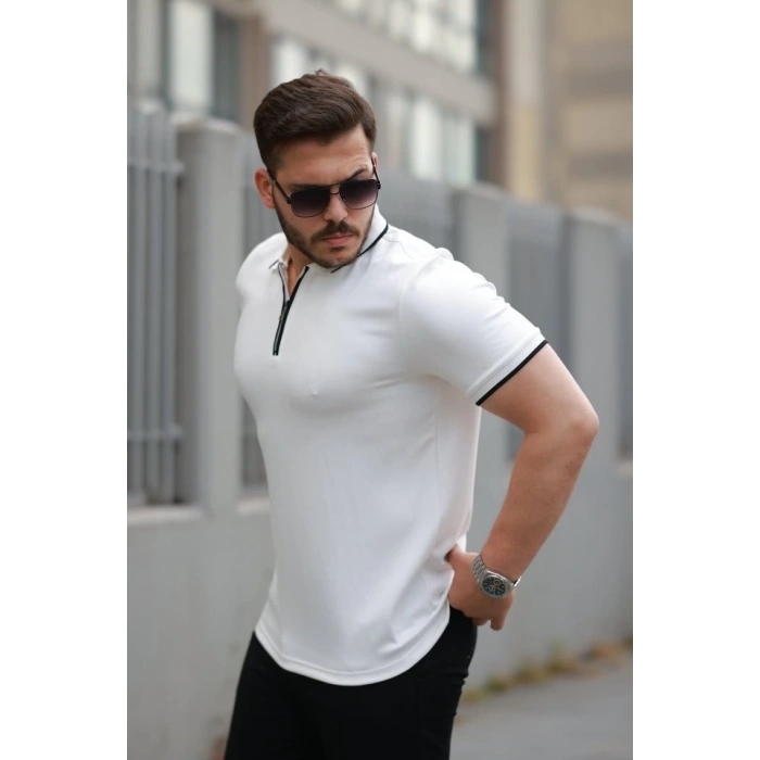 Erkek Fermuar Yakalı çizgi Detaylı Kısa Kollu Tişört