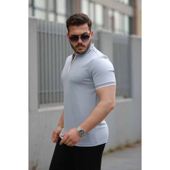 Erkek Fermuar Yakalı çizgi Detaylı Kısa Kollu Tişört