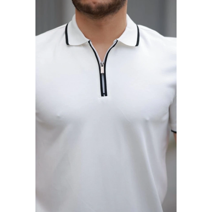 Erkek Fermuar Yakalı çizgi Detaylı Kısa Kollu Tişört