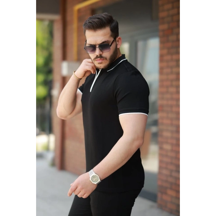 Erkek Fermuar Yakalı çizgi Detaylıkısa Kollu Tişört