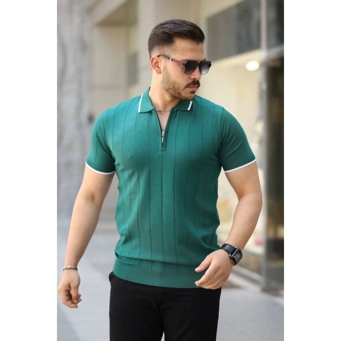 Erkek Fermuar Yakalı çizgi Dokulu Kısa Kollu Tişört