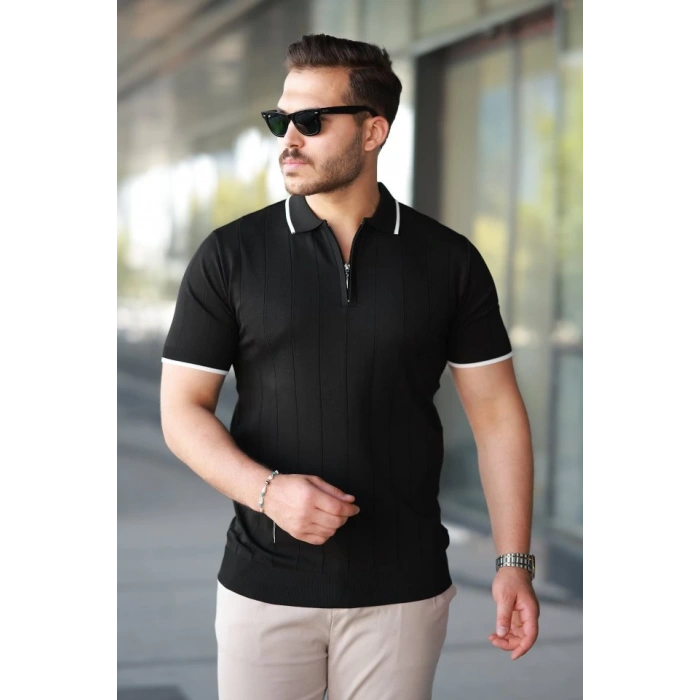 Erkek Fermuar Yakalı çizgi Dokulu Kısa Kollu Tişört