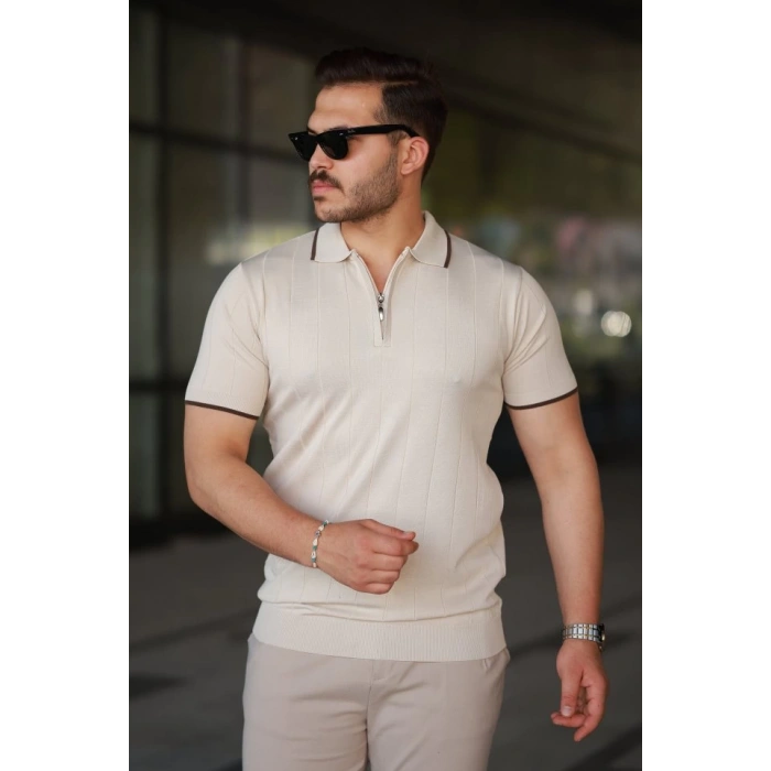 Erkek Fermuar Yakalı çizgi Dokulu Kısa Kollu Tişört