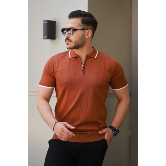 Erkek Fermuar Yakalı çizgi Dokulu Kısa Kollu Tişört