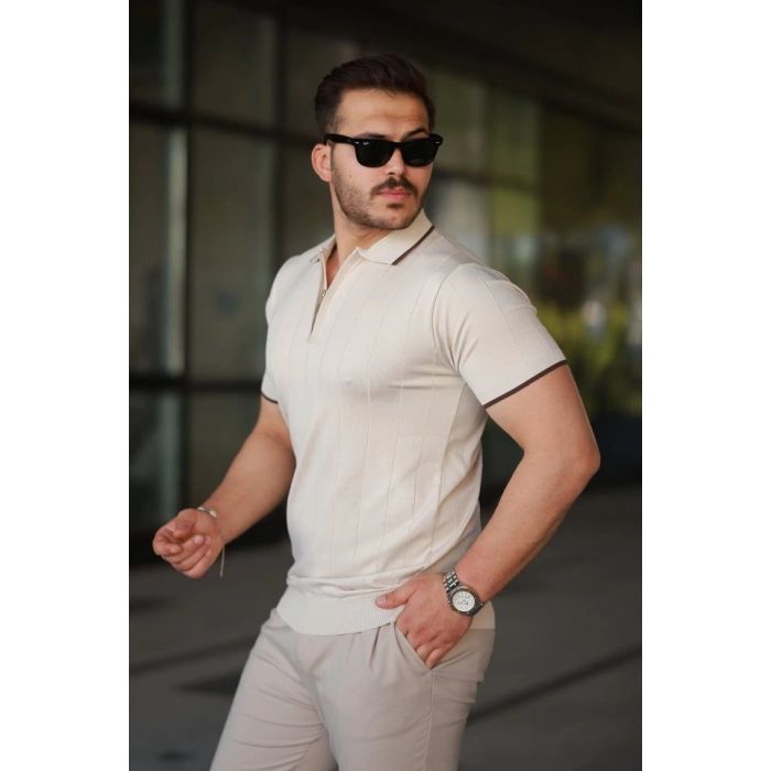 Erkek Fermuar Yakalı çizgi Dokulu Kısa Kollu Tişört