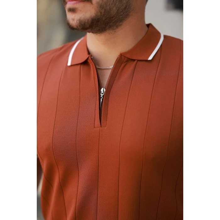 Erkek Fermuar Yakalı çizgi Dokulu Kısa Kollu Tişört