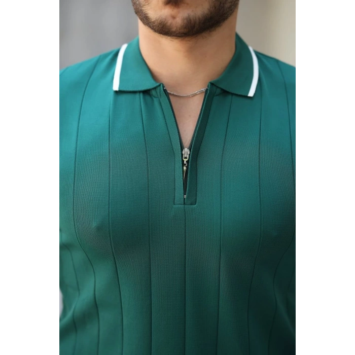 Erkek Fermuar Yakalı çizgi Dokulu Kısa Kollu Tişört