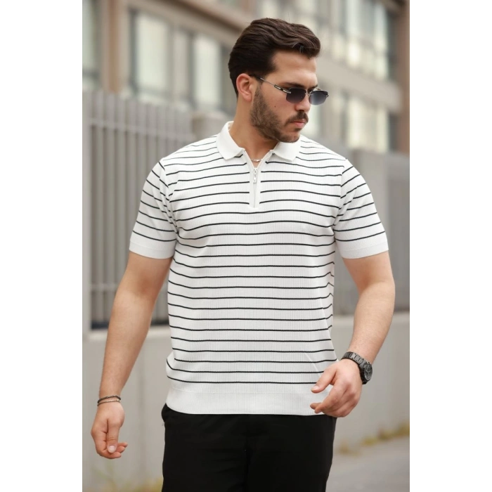 Erkek Fermuar Yakalı çizgili Kısa Kollu T-shirt