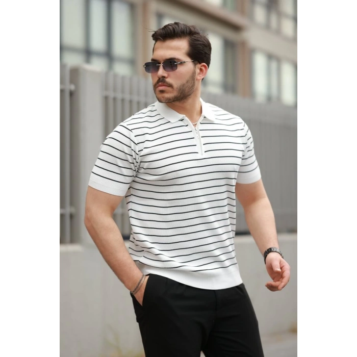 Erkek Fermuar Yakalı çizgili Kısa Kollu T-shirt