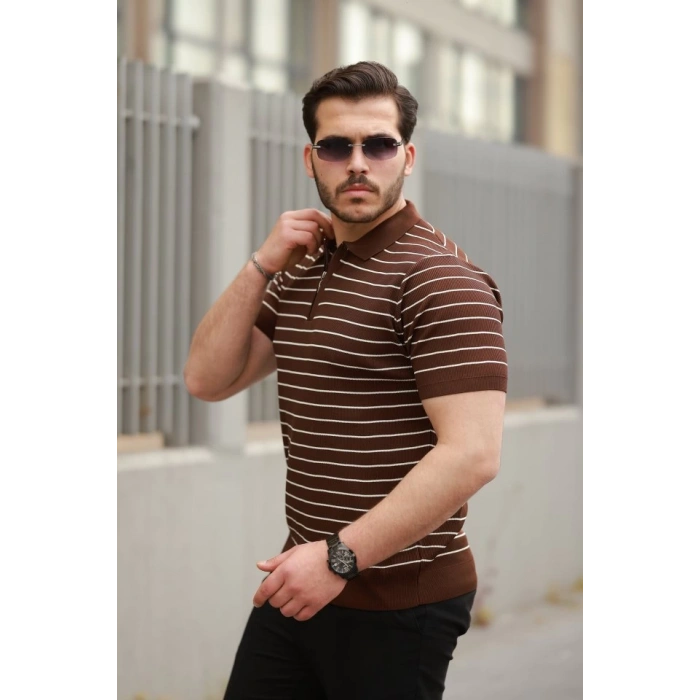 Erkek Fermuar Yakalı çizgili Kısa Kollu T-shirt