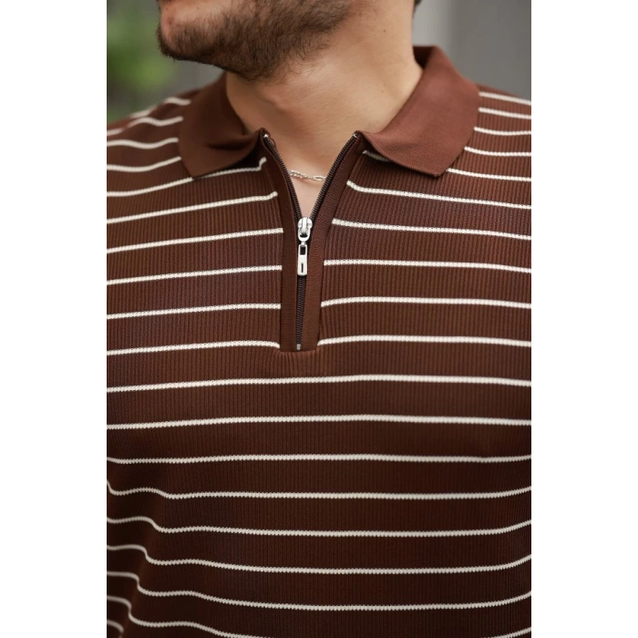 Erkek Fermuar Yakalı çizgili Kısa Kollu T-shirt