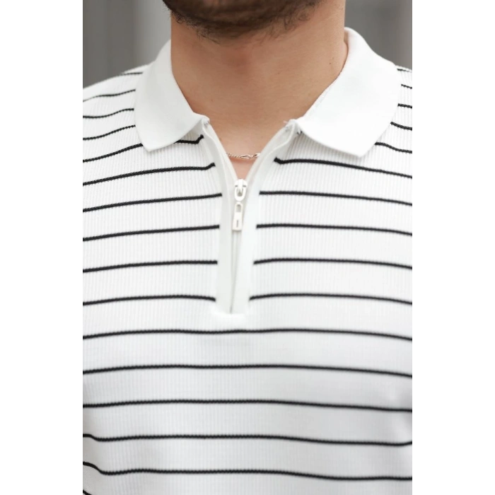 Erkek Fermuar Yakalı çizgili Kısa Kollu T-shirt