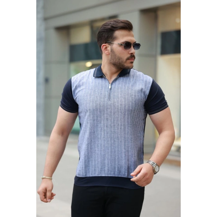Erkek Fermuar Yakalı çizgili Kısa Kollu Tişört