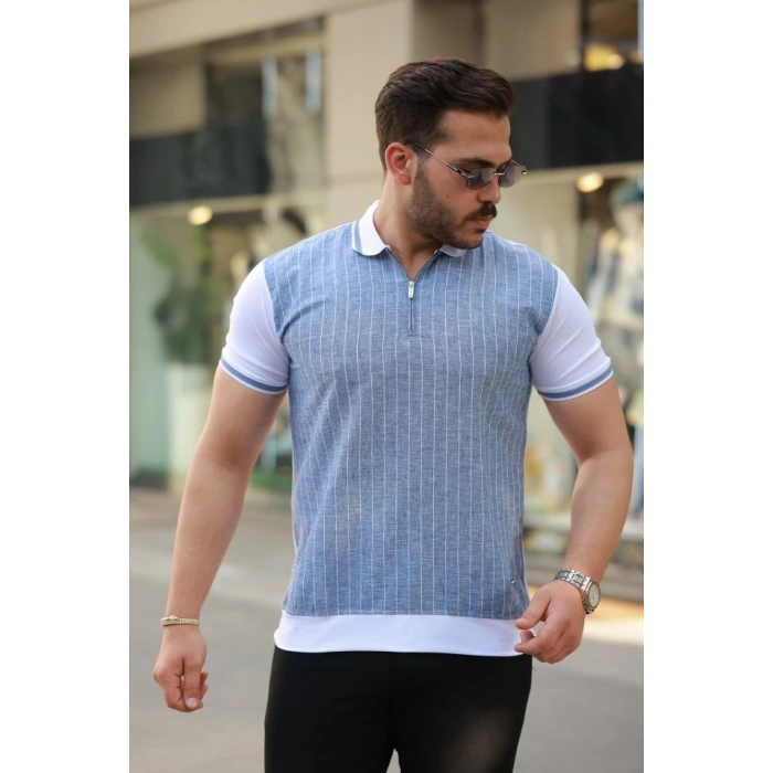 Erkek Fermuar Yakalı çizgili Kısa Kollu Tişört