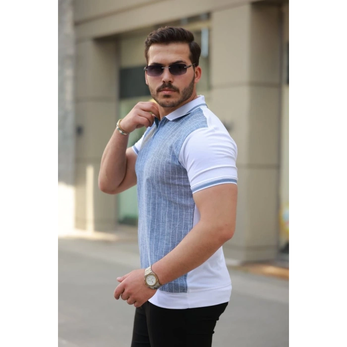 Erkek Fermuar Yakalı çizgili Kısa Kollu Tişört