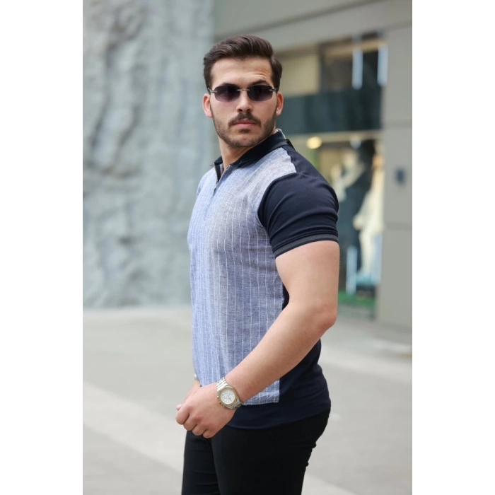 Erkek Fermuar Yakalı çizgili Kısa Kollu Tişört