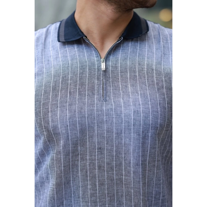 Erkek Fermuar Yakalı çizgili Kısa Kollu Tişört