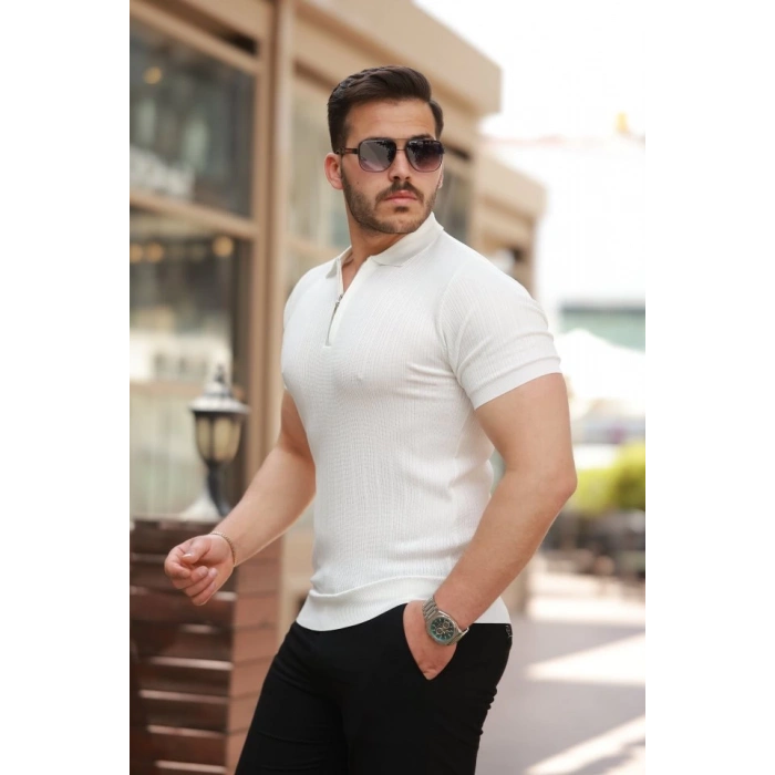 Erkek Fermuar Yakalı Kısa Kollu Tişört