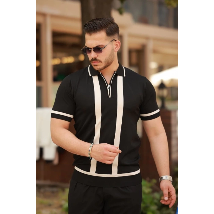 Erkek Fermuar Yakalı şerit Detaylı Kısa Kollu Tişört