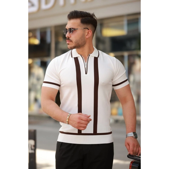 Erkek Fermuar Yakalı şerit Detaylı Kısa Kollu Tişört