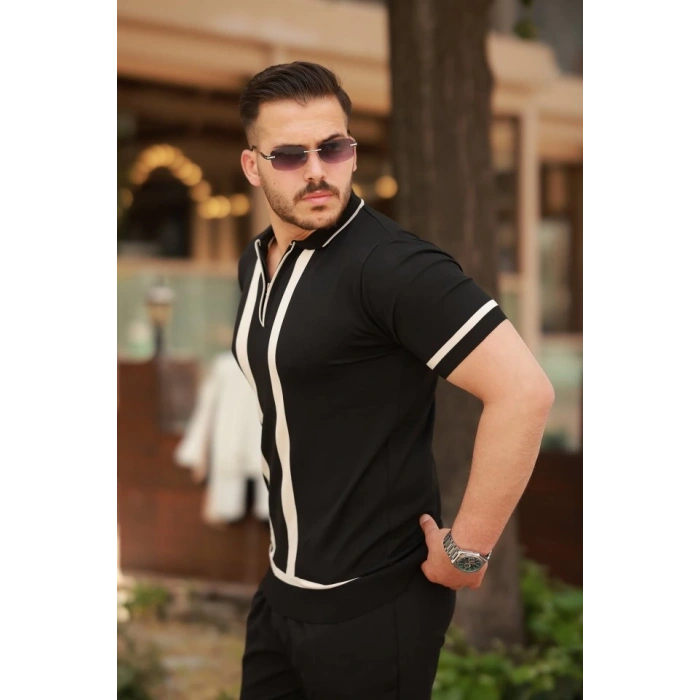 Erkek Fermuar Yakalı şerit Detaylı Kısa Kollu Tişört