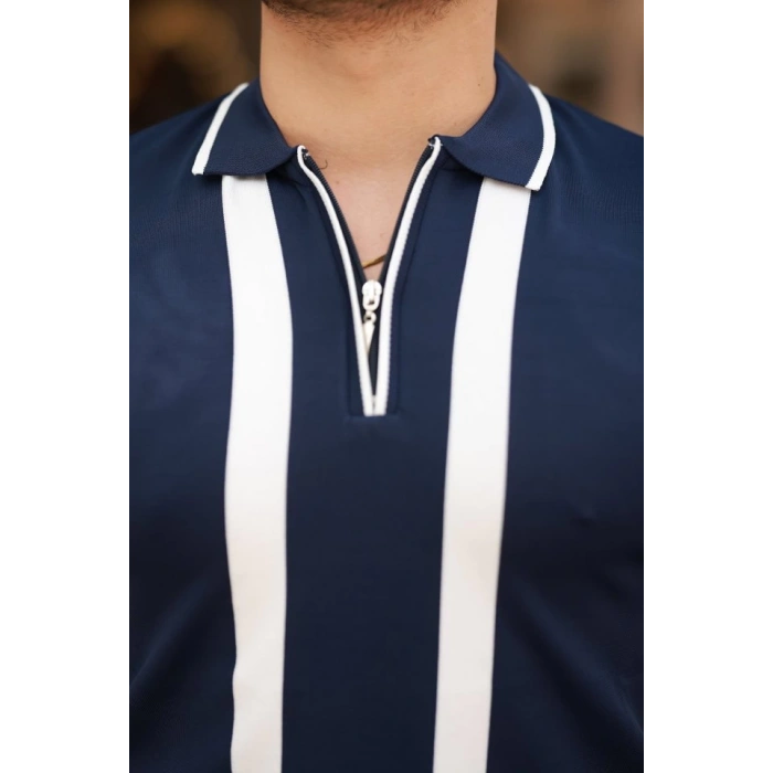 Erkek Fermuar Yakalı şerit Detaylı Kısa Kollu Tişört