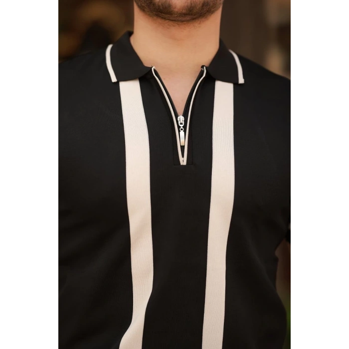 Erkek Fermuar Yakalı şerit Detaylı Kısa Kollu Tişört