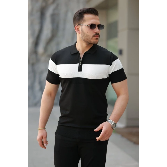 Erkek Fermuar Yakalı şerit Renk Desenli Kısa Kollu Tişört