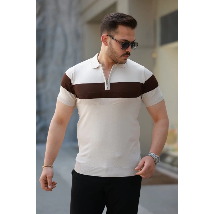 Erkek Fermuar Yakalı şerit Renk Desenli Kısa Kollu Tişört