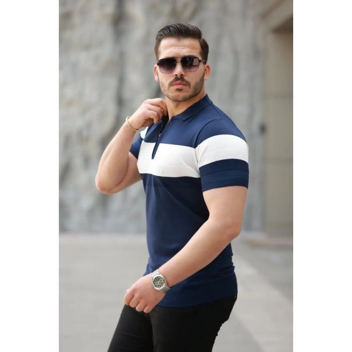 Erkek Fermuar Yakalı şerit Renk Desenli Kısa Kollu Tişört