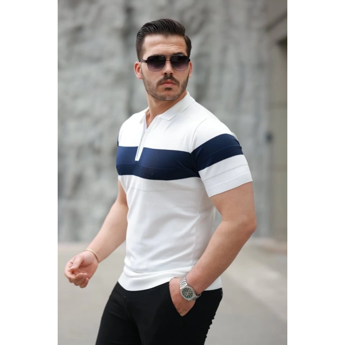 Erkek Fermuar Yakalı şerit Renk Desenli Kısa Kollu Tişört