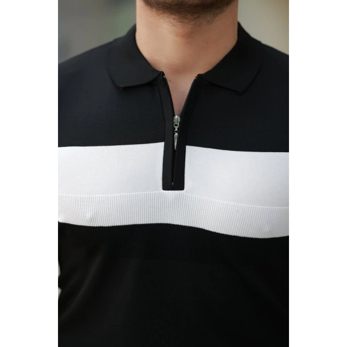 Erkek Fermuar Yakalı şerit Renk Desenli Kısa Kollu Tişört