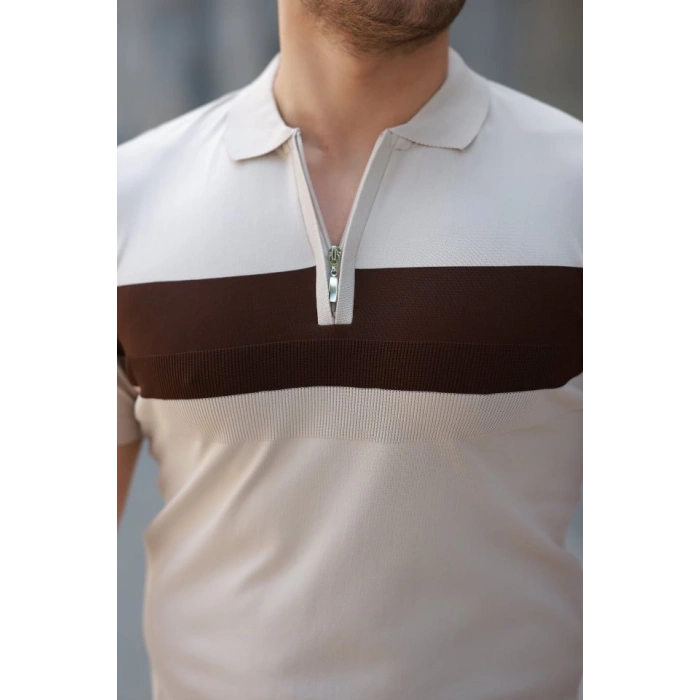 Erkek Fermuar Yakalı şerit Renk Desenli Kısa Kollu Tişört