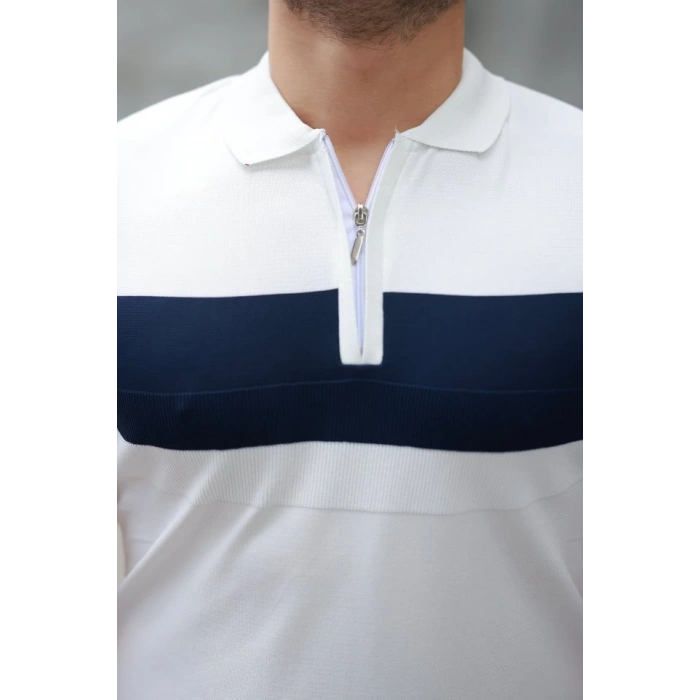 Erkek Fermuar Yakalı şerit Renk Desenli Kısa Kollu Tişört