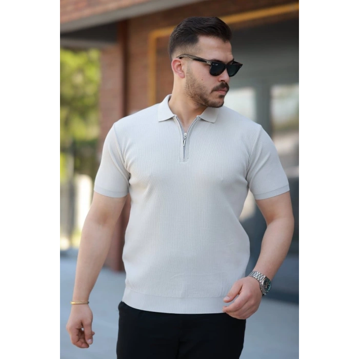 Erkek Fermuarlı Yakalı Kısa Kollu Tshirt