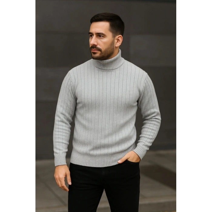 Erkek Fitilli Triko Kazak 3lÜ Set Gri Haki Siyah Regular Balıkcı Yaka Tam Boğazlı Triko Seti Modeli Kazak