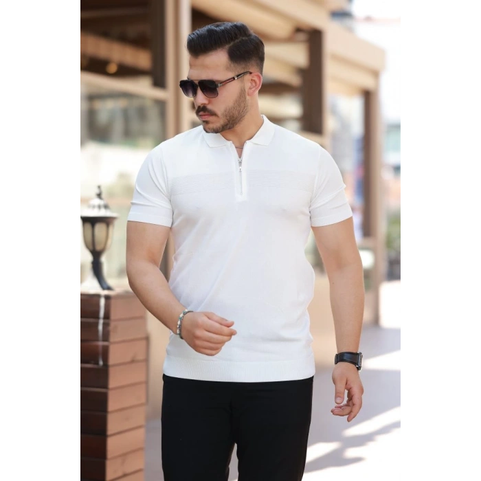 Erkek Göğüs Pirinç Desenli Fermuar Yakalı Kısa Kollu Tişört