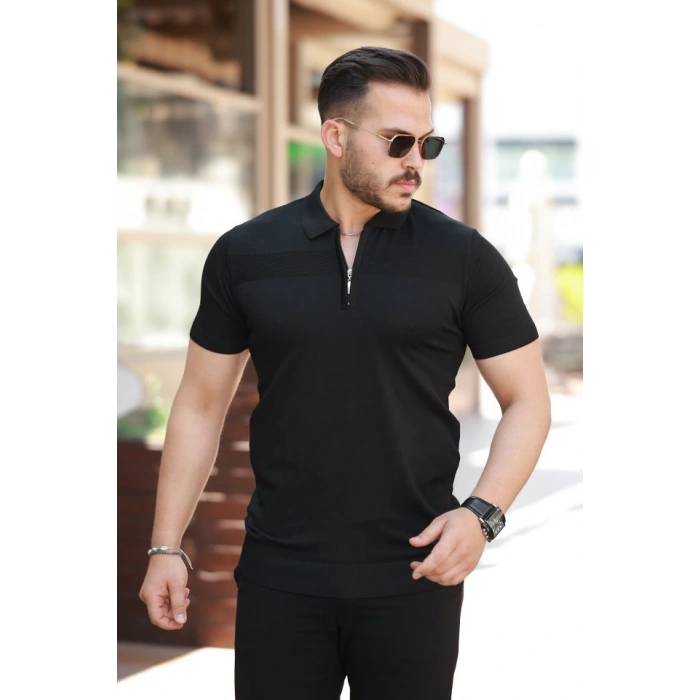 Erkek Göğüs Pirinç Desenli Fermuar Yakalı Kısa Kollu Tişört