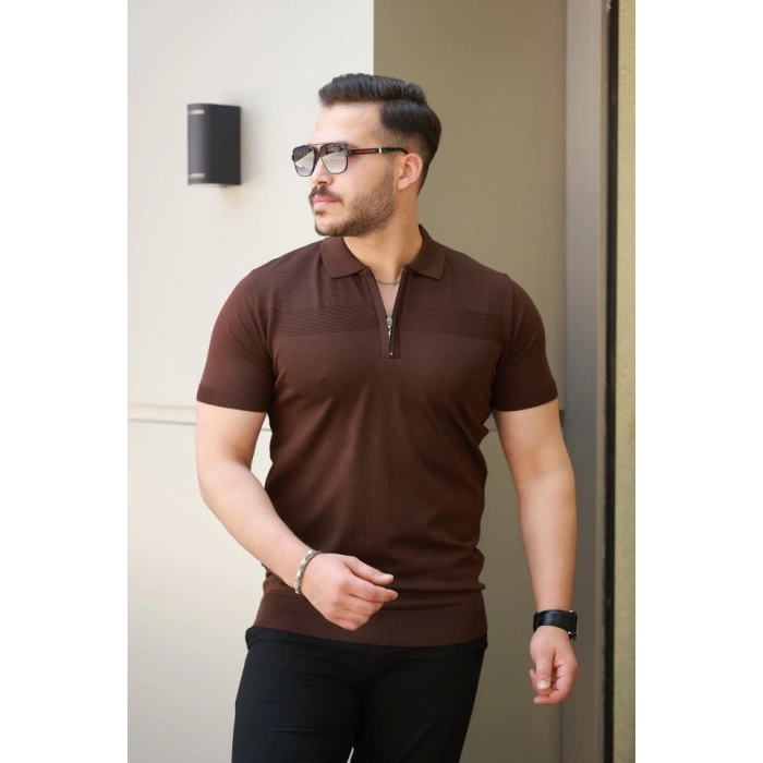 Erkek Göğüs Pirinç Desenli Fermuar Yakalı Kısa Kollu Tişört