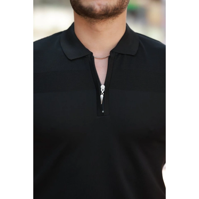 Erkek Göğüs Pirinç Desenli Fermuar Yakalı Kısa Kollu Tişört