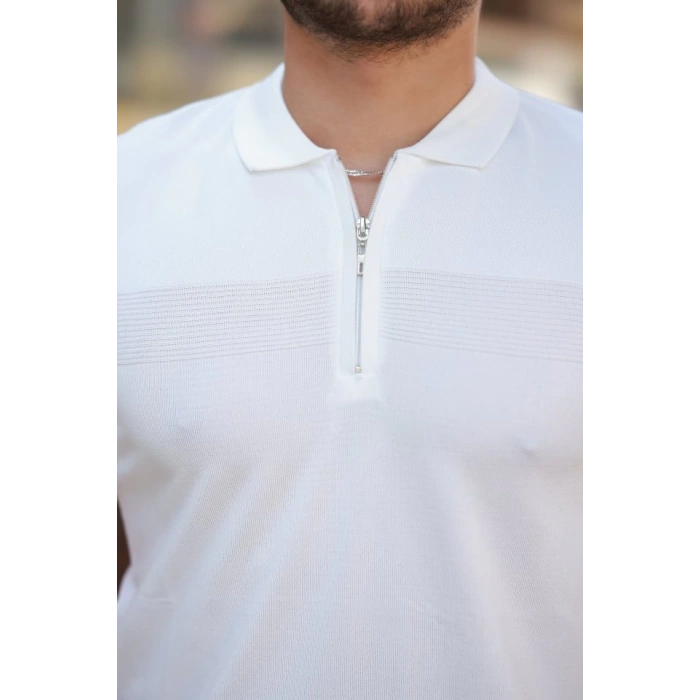 Erkek Göğüs Pirinç Desenli Fermuar Yakalı Kısa Kollu Tişört